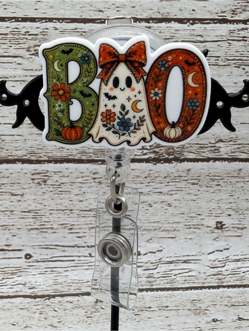 Halloween BOO Ghost Badge Reel - Orange & Green